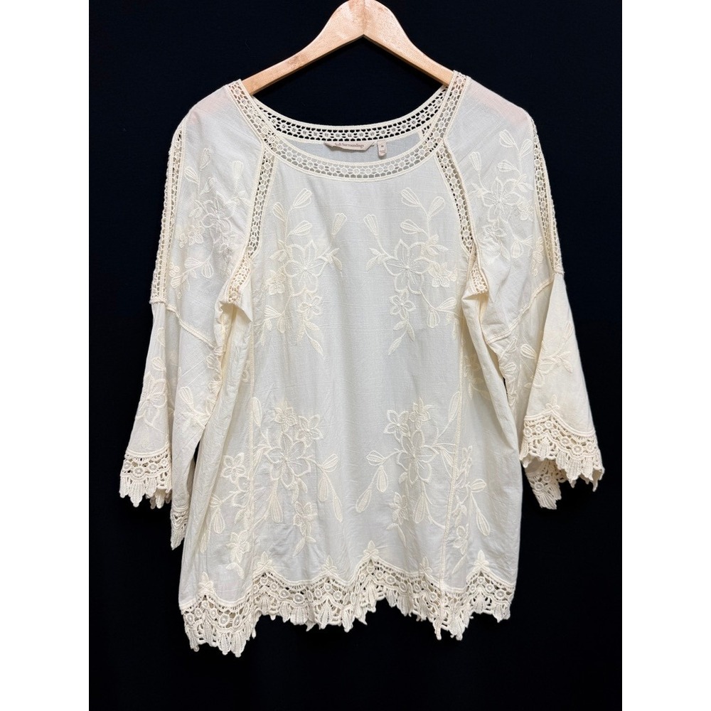 Soft Surroundings Women Blouse Cream Cotton Embroidered Lace Trim Boho M